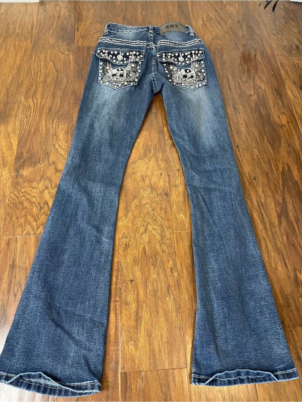 Sky Women's Boot Cut Jeans - Dark Blue with Embellished Skull Pocket - Picture 3 of 9
